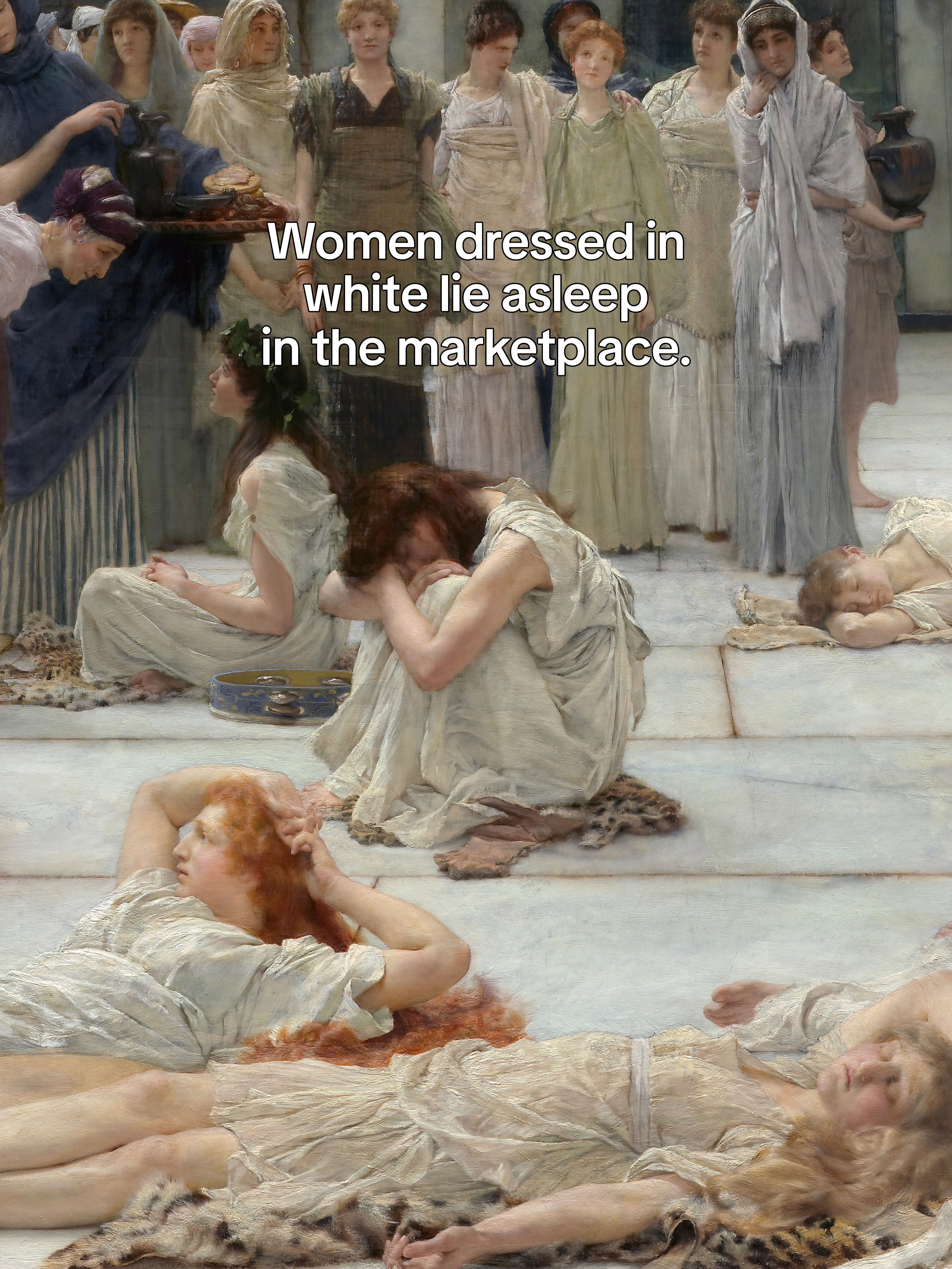 First slide of a carousel by @paintingsanalyzed: Women dressed in white lie asleep in the marketplace.