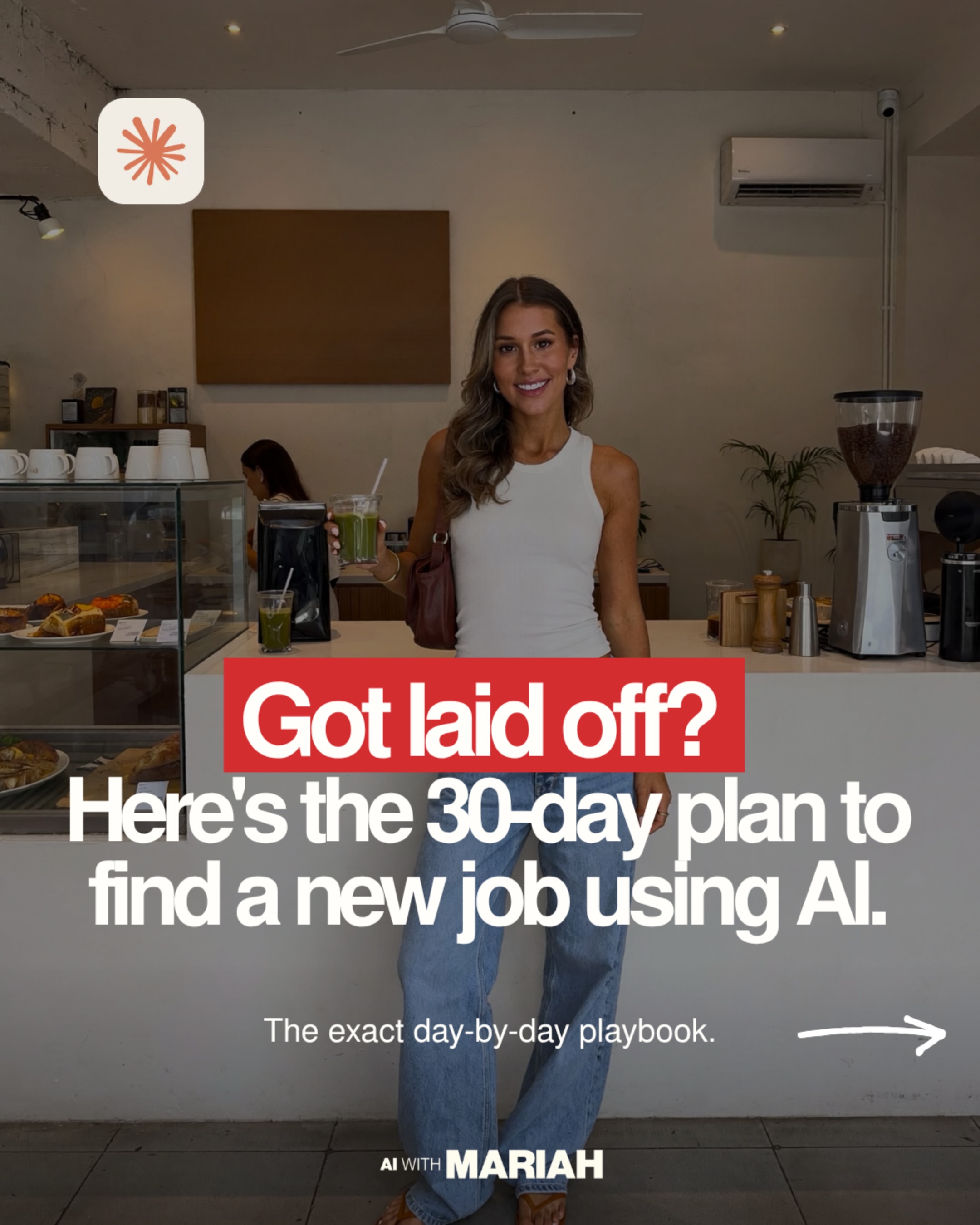 First slide of a carousel by @itsmariahbrunner: Got laid off? Here's the 30-day plan to find a new job using AI.