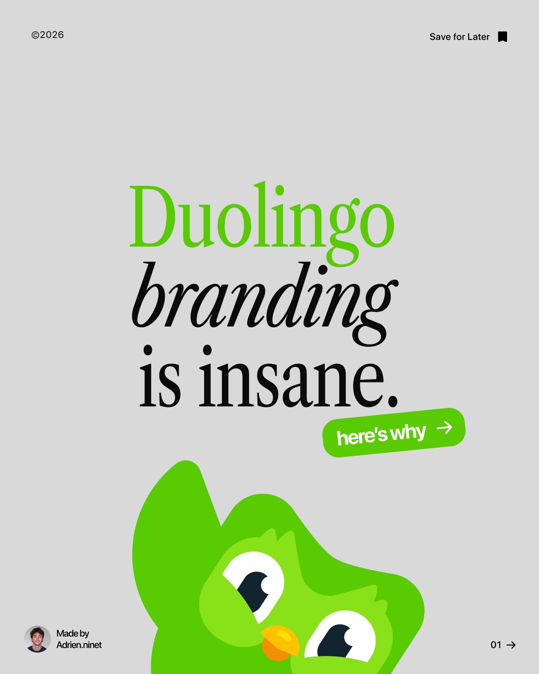 First slide of a carousel by @adrien.ninet: Duolingo branding is insane. here's why