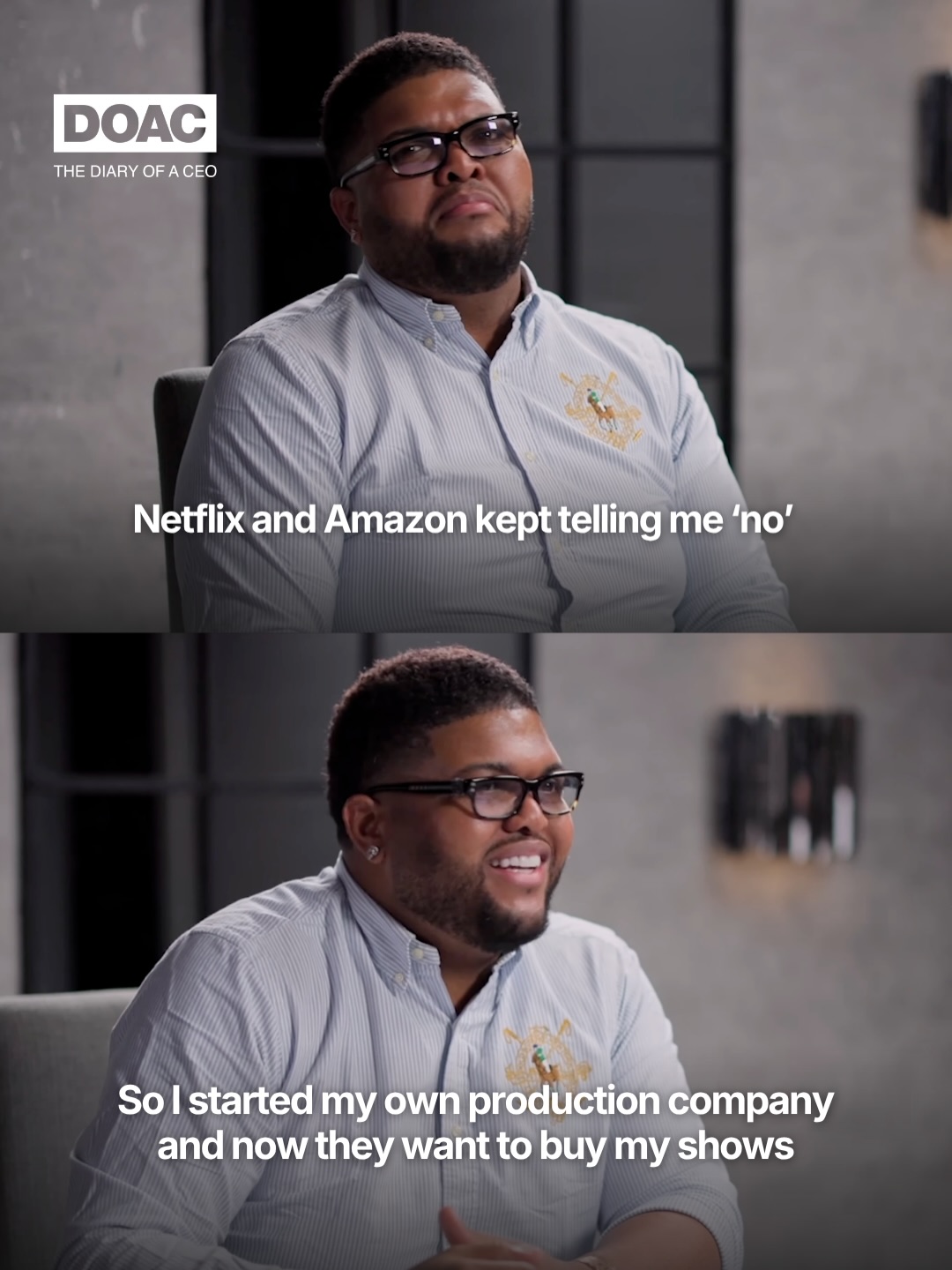 First slide of a carousel by @thediaryofaceopodcast: DOAC THE DIARY OF A CEO Netflix and Amazon kept telling me 'no' So I started my own production company and now they want to buy my shows