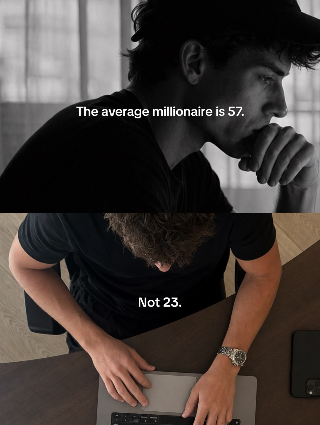 First slide of a carousel by @creatorkarro: The average millionaire is 57. Not 23.