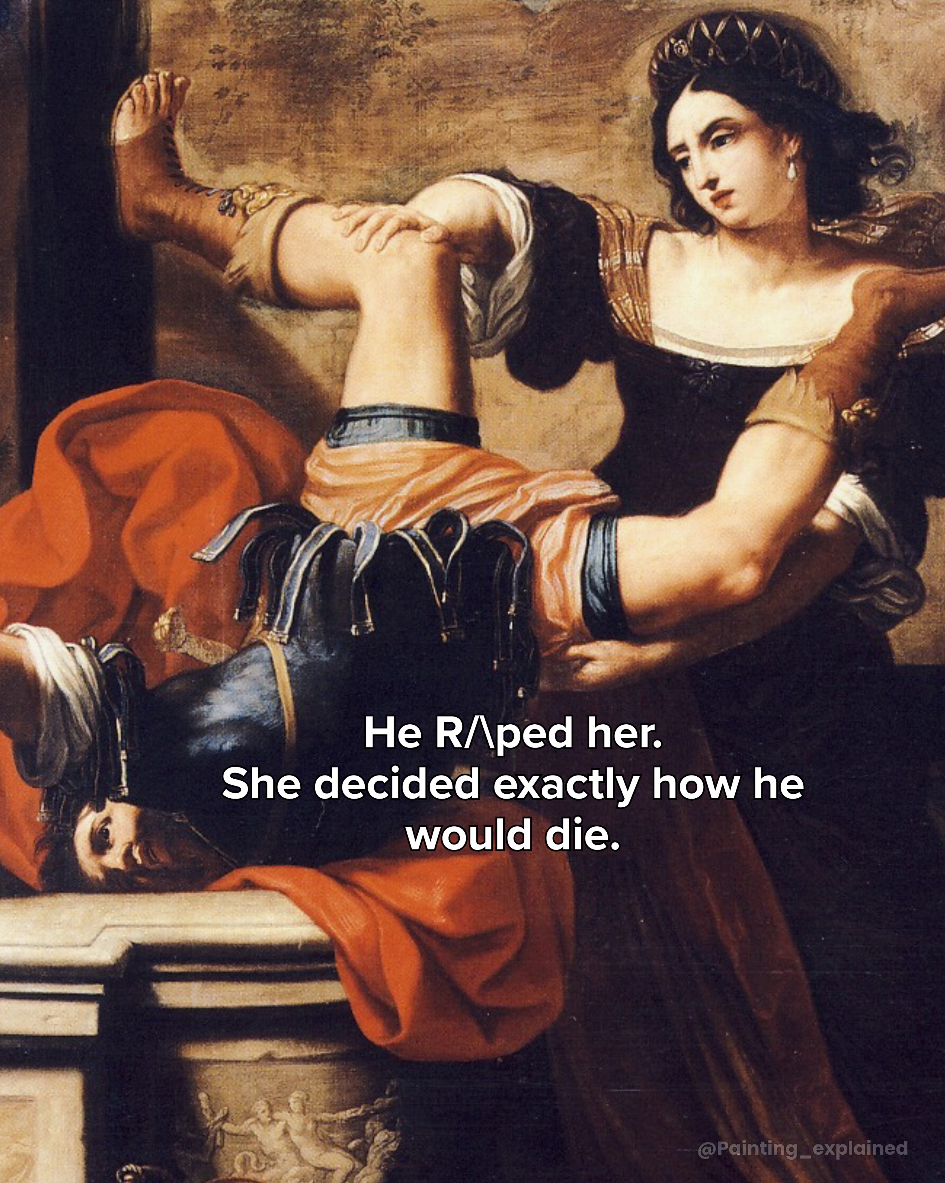 First slide of a carousel by @painting_explained: He R/ped her. She decided exactly how he would die.