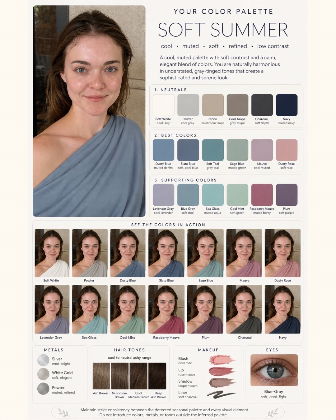 First slide of a carousel by @harpercarrollai: YOUR COLOR PALETTE YOUR COLOR PALETTE SOFT SUMMER cool • muted • soft • refined • low contrast A cool, muted palette with soft contrast and a calm, elegant…