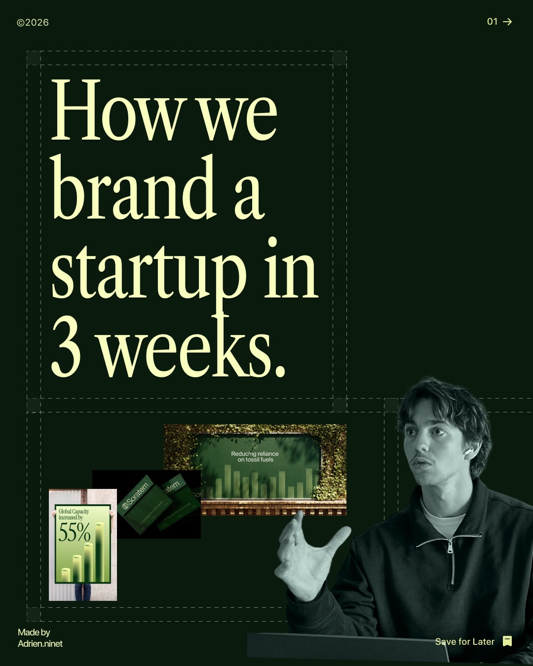 First slide of a carousel by @adrien.ninet: How we brand a startup in 3 weeks.