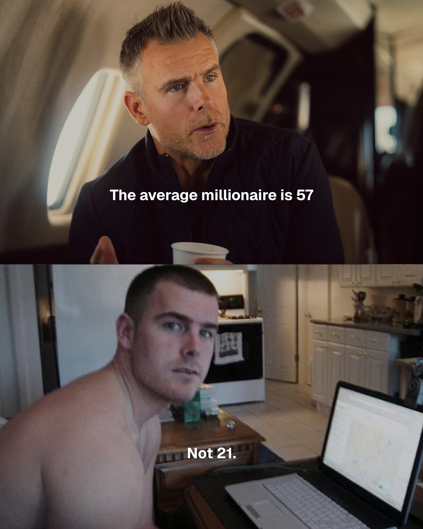 First slide of a carousel by @danmartell: The average millionaire is 57 Not 21.