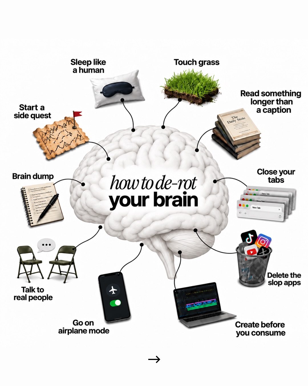 First slide of a carousel by @iampascio: Sleep like a human, Touch grass, Read something longer than a caption, Start a side quest, Brain dump, Close your tabs, Talk to real people, Delete the slop…