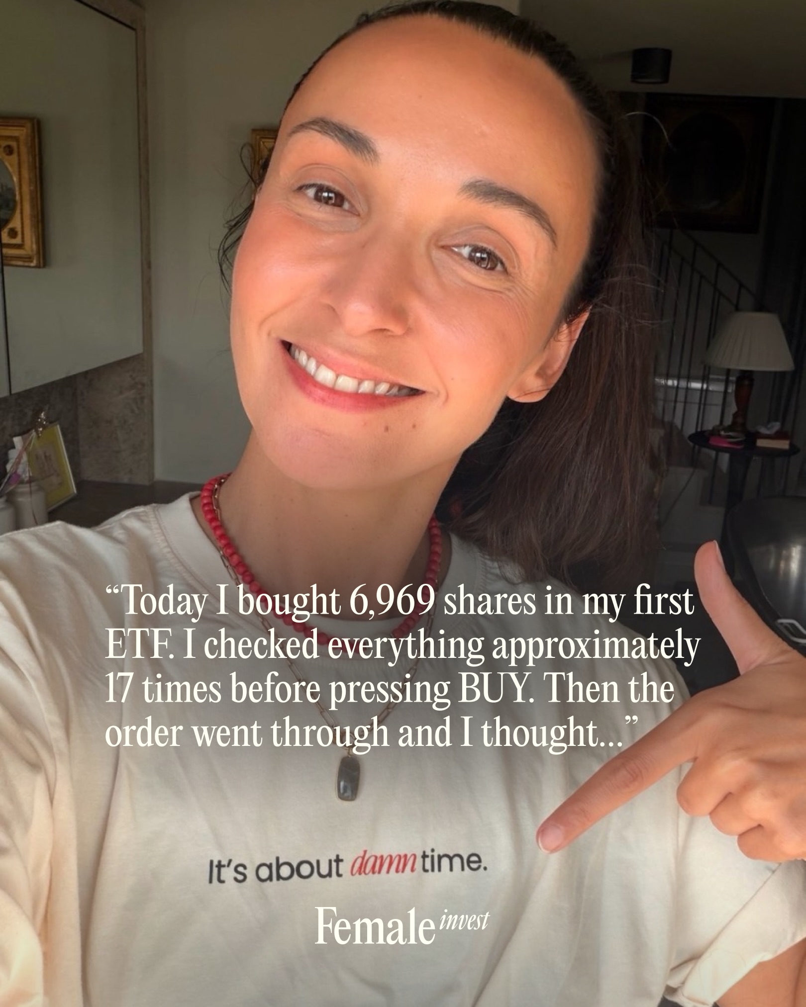 First slide of a carousel by @femaleinvest: “Today I bought 6,969 shares in my first ETF. I checked everything approximately 17 times before pressing BUY. Then the order went through and I thought...”