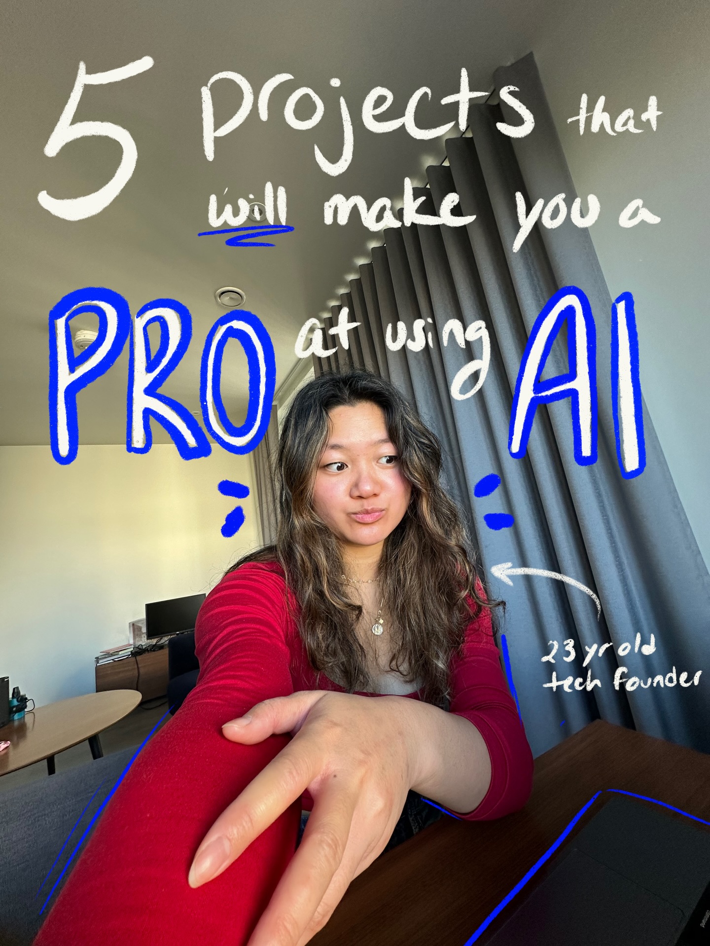 First slide of a carousel by @genzbestie: 5 projects that will make you a PRO at using AI 23 yr old tech founder