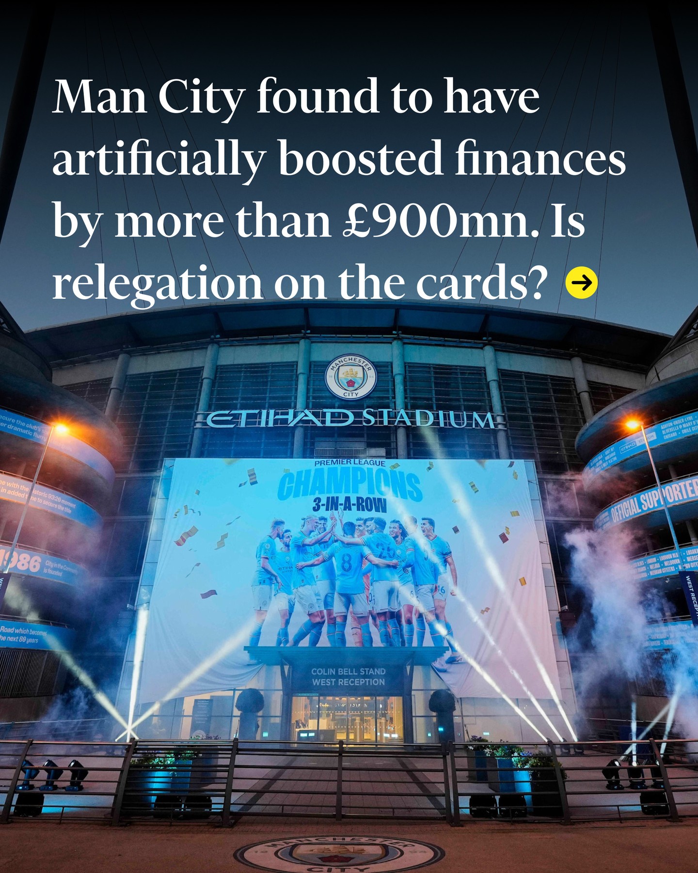 First slide of a carousel by @financialtimes: Man City found to have artificially boosted finances by more than £900mn. Is relegation on the cards?