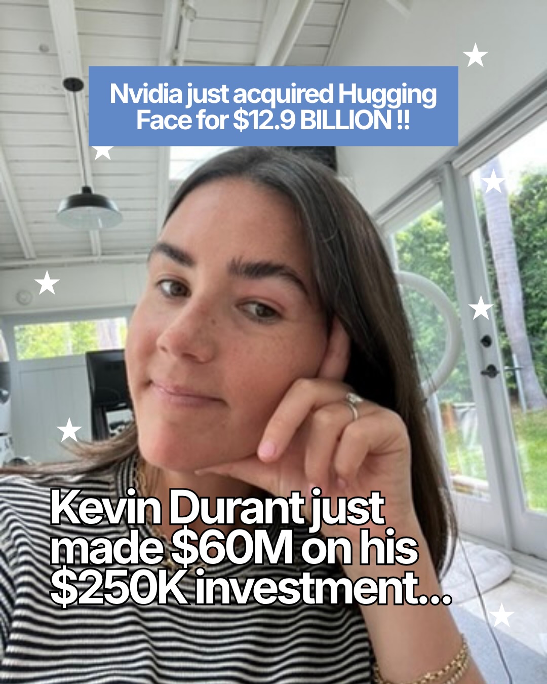 First slide of a carousel by @ruffinmitchener: Nvidia just acquired Hugging Face for $12.9 BILLION !! Kevin Durant just made $60M on his $250K investment...