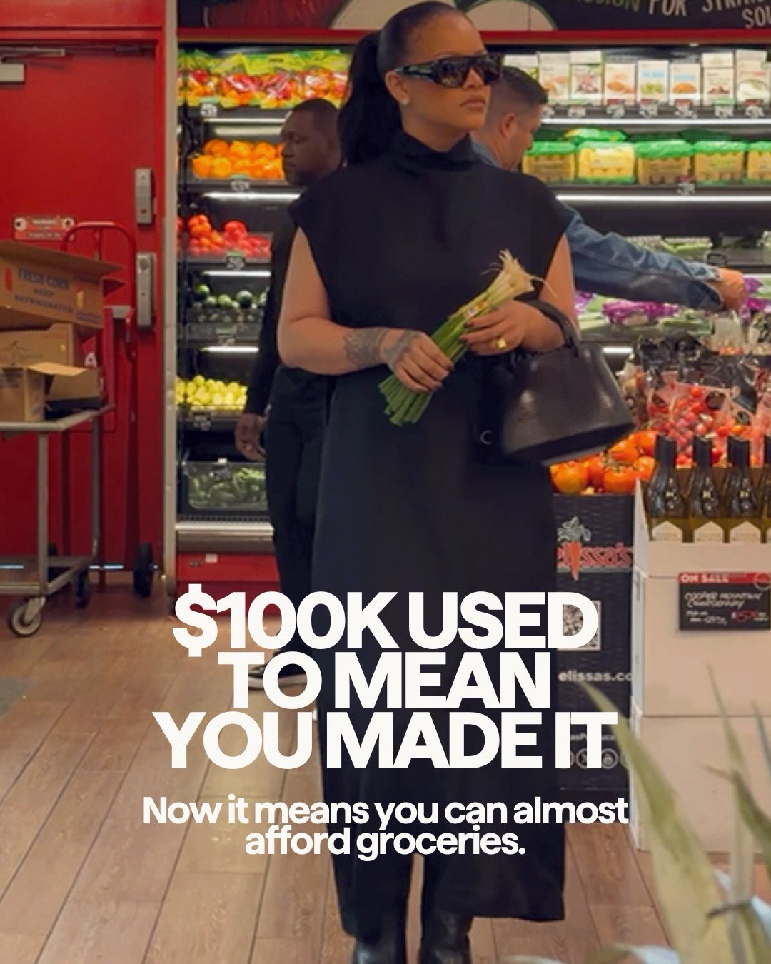 First slide of a carousel by @mrsdowjones: $100K USED TO MEAN YOU MADE IT Now it means you can almost afford groceries.