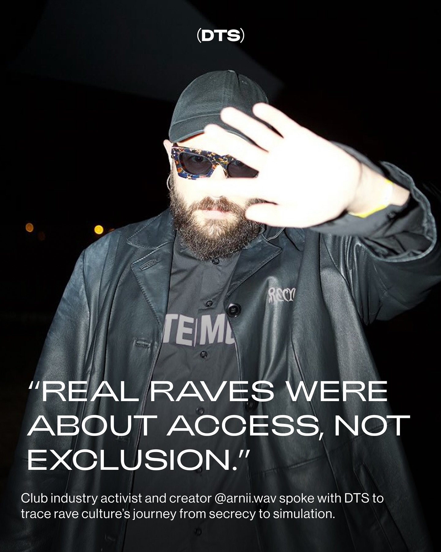 First slide of a carousel by @deathtostock: (DTS) “REAL RAVES WERE ABOUT ACCESS, NOT EXCLUSION.” Club industry activist and creator @arnii.wav spoke with DTS to trace rave culture's journey from…
