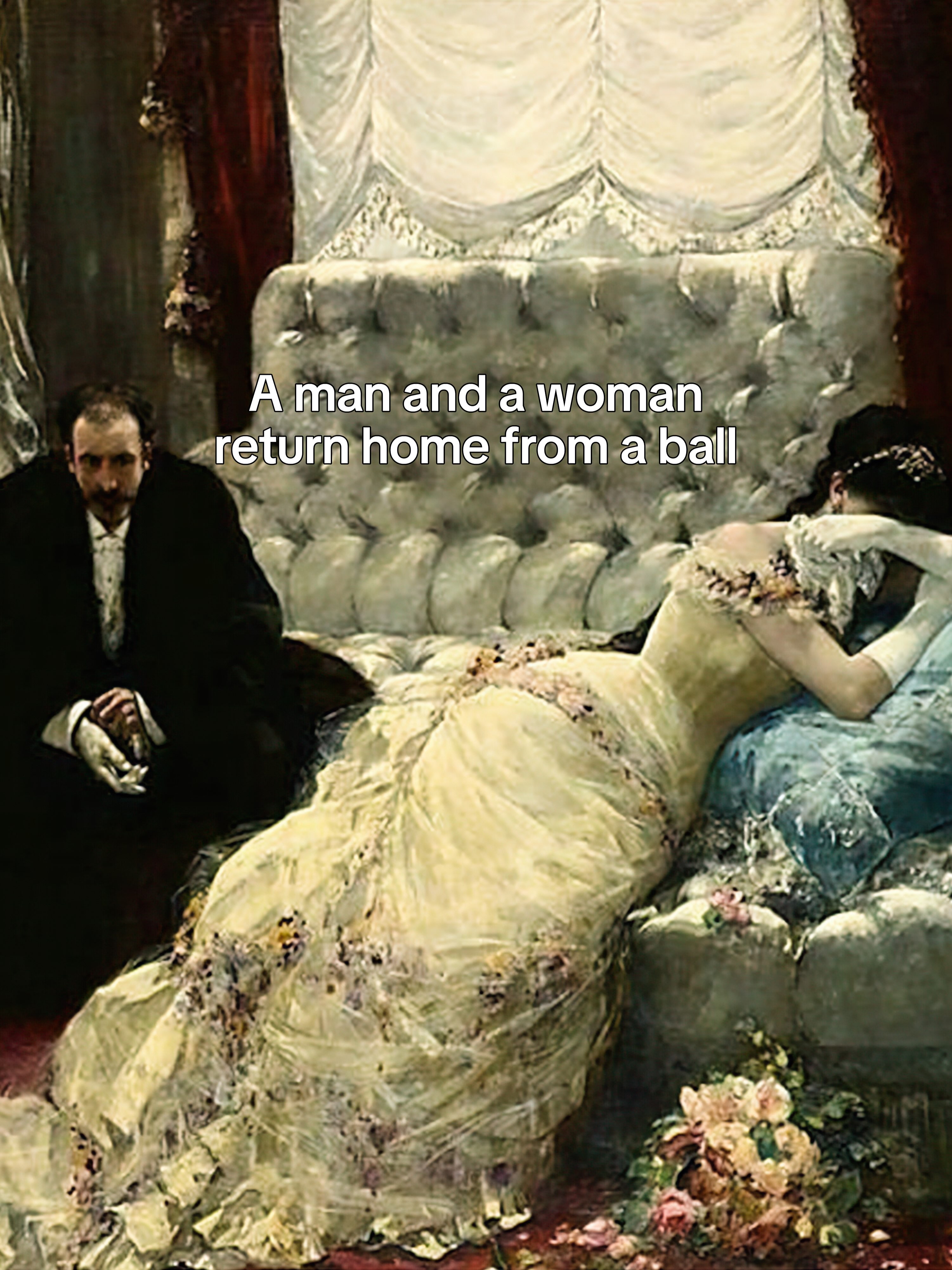 First slide of a carousel by @paintingsanalyzed: A man and a woman return home from a ball