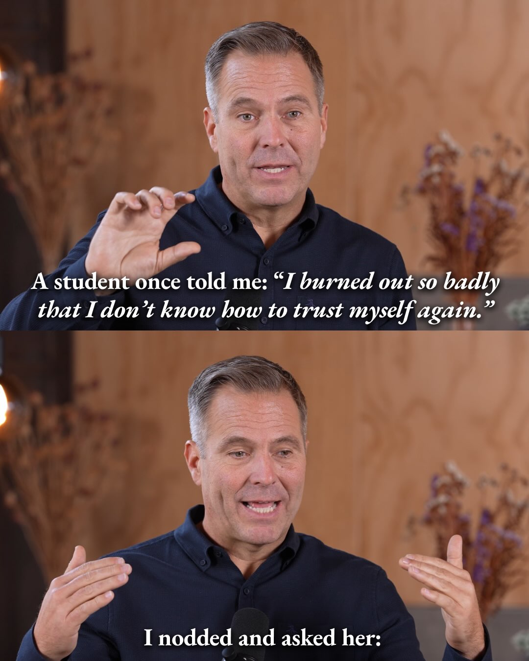 First slide of a carousel by @joehudson_aoa: A student once told me: “I burned out so badly that I don’t know how to trust myself again.” I nodded and asked her: