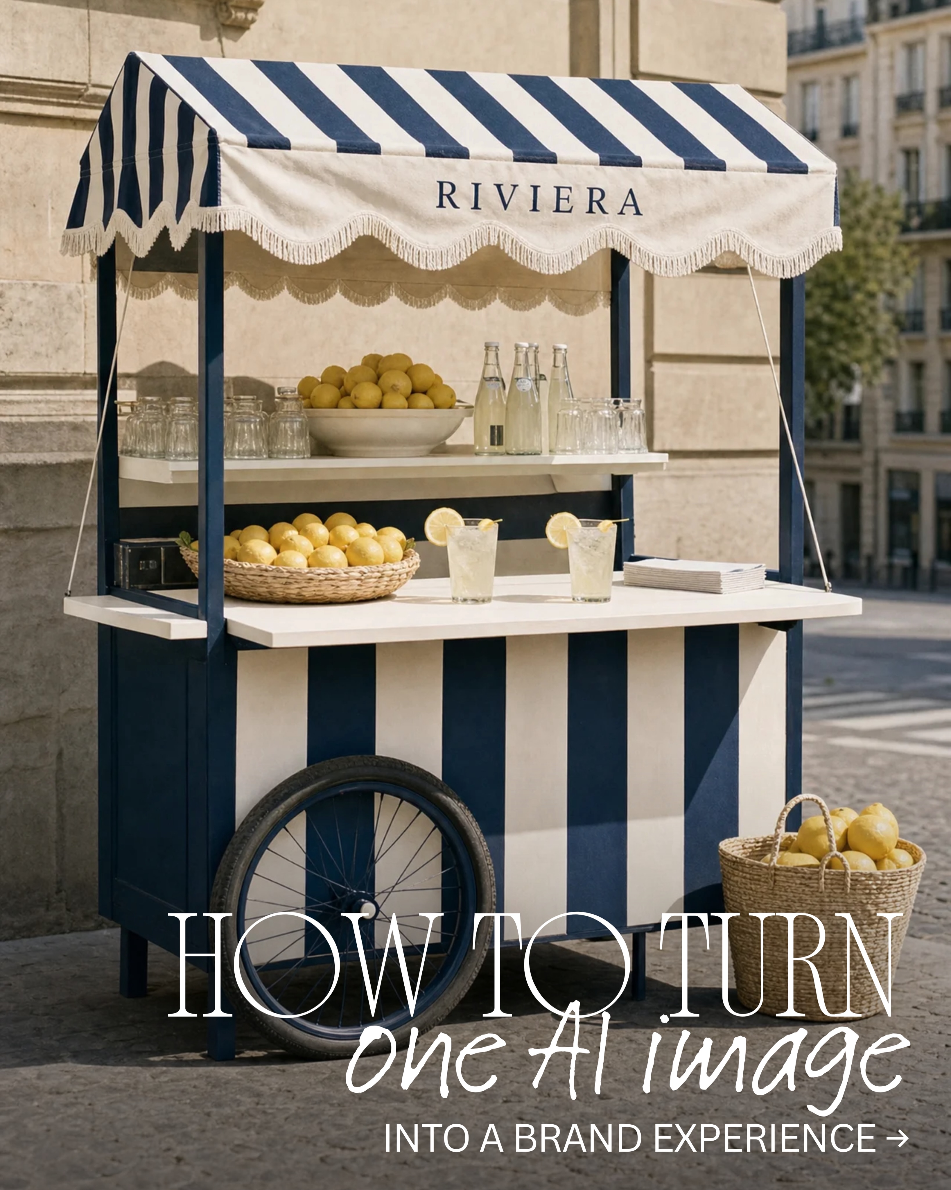 First slide of a carousel by @aluncreative: RIVIERA HOW TO TURN one AI image INTO A BRAND EXPERIENCE →
