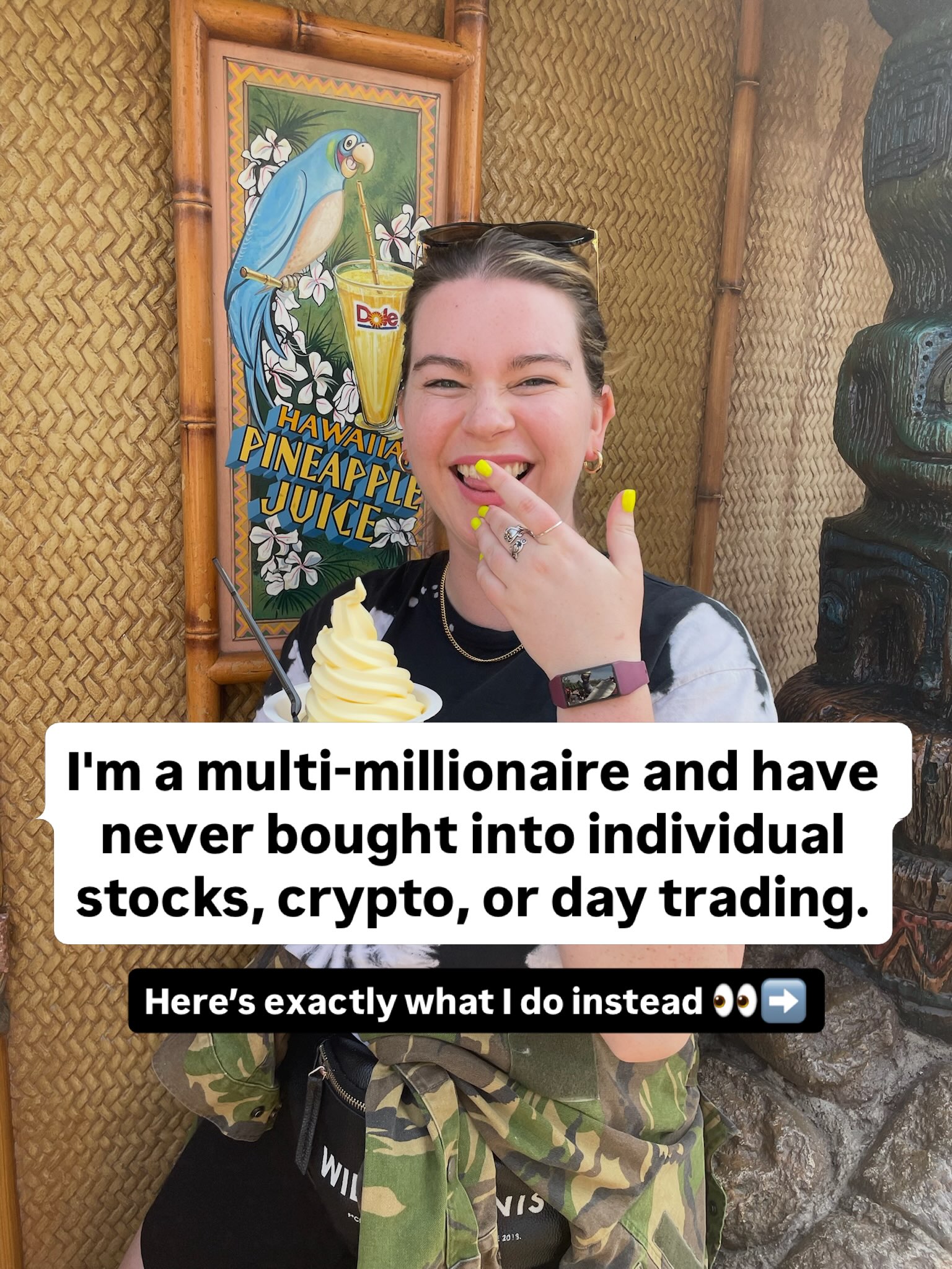 First slide of a carousel by @herfirst100k: I'm a multi-millionaire and have never bought into individual stocks, crypto, or day trading.