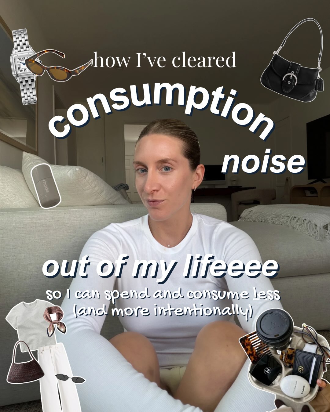 First slide of a carousel by @breakyourbudget: how I've cleared consumption noise out of my lifeeee so I can spend and consume less (and more intentionally)