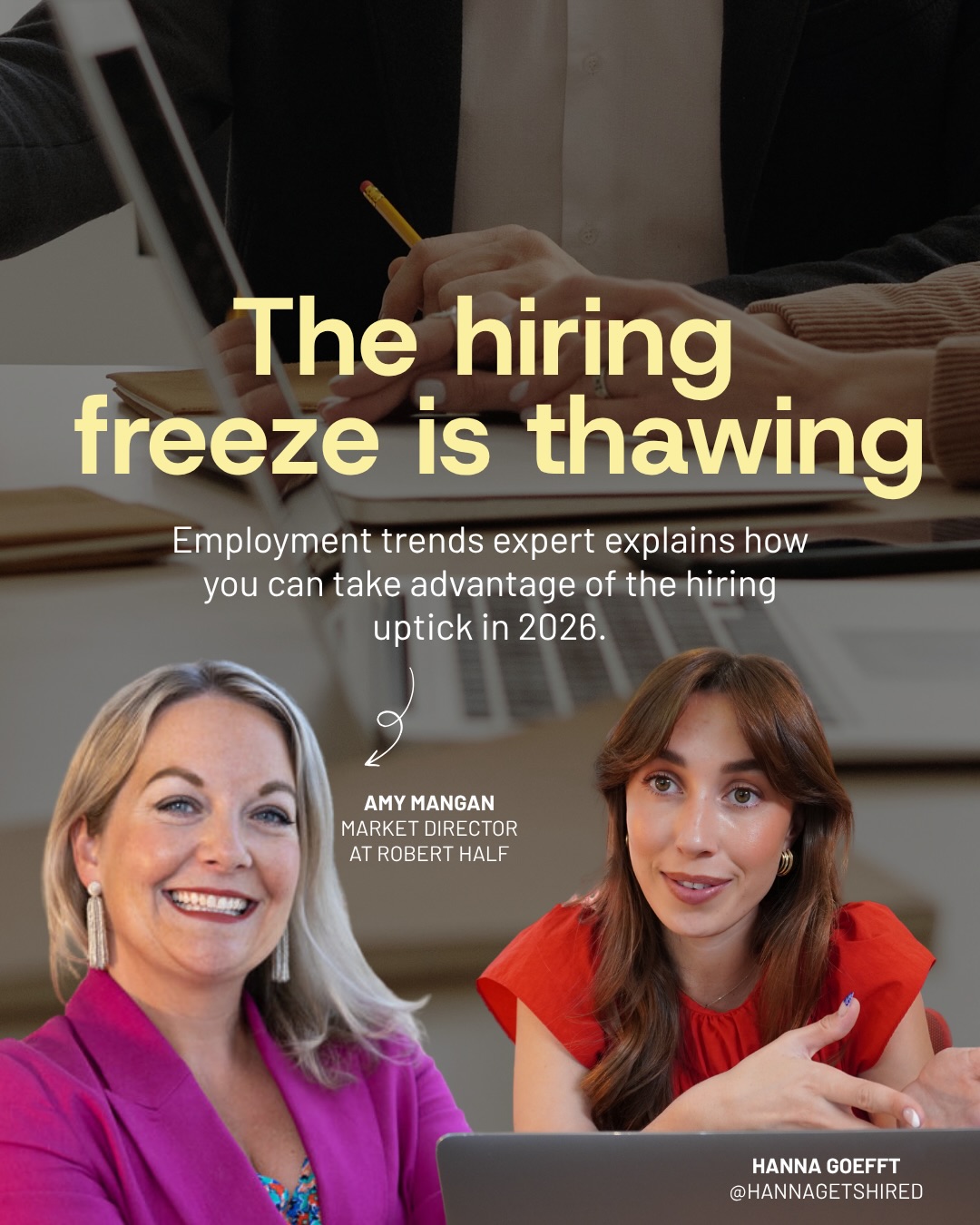 First slide of a carousel by @hannagetshired: The hiring freeze is thawing. Employment trends expert explains how you can take advantage of the hiring uptick in 2026.