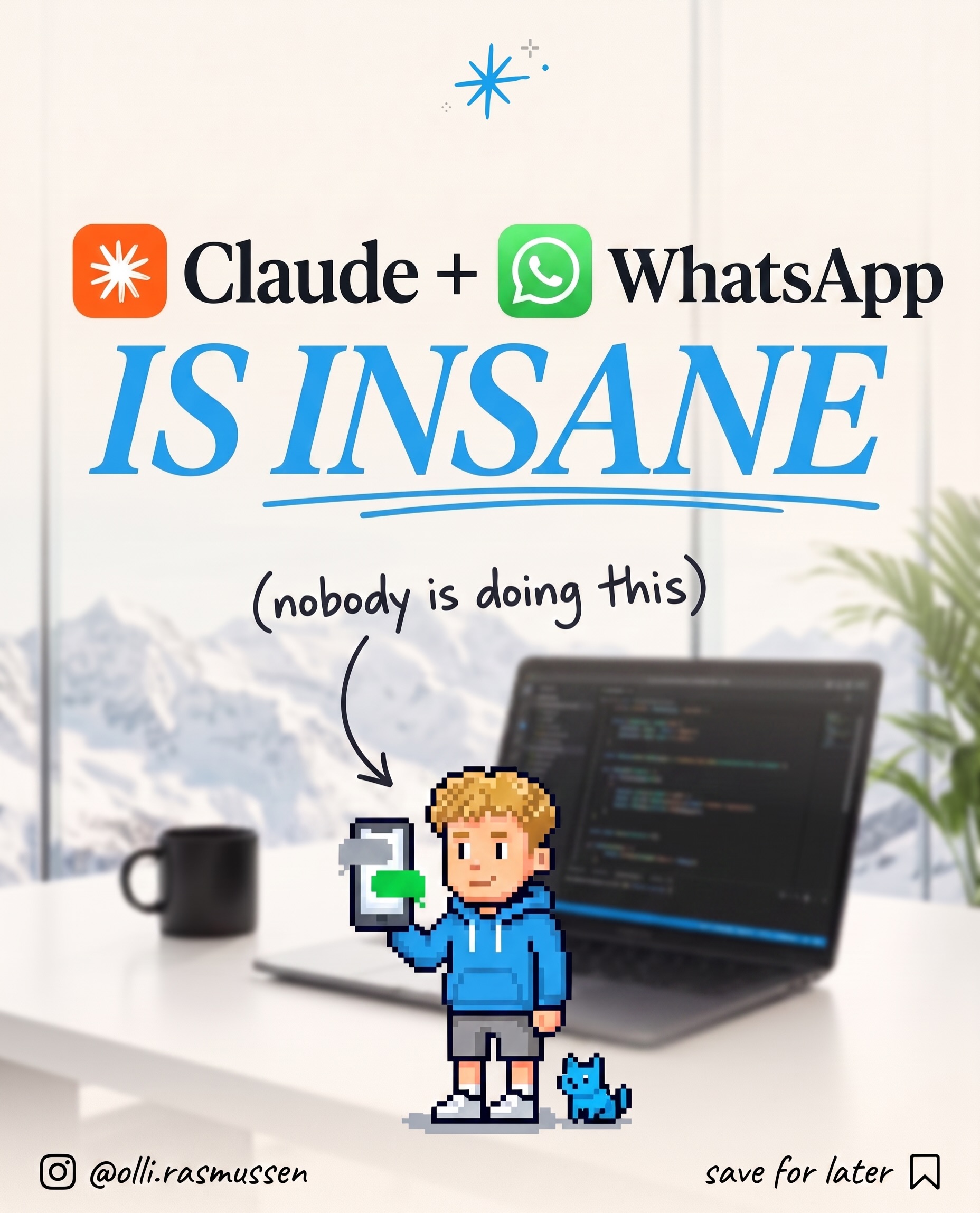 First slide of a carousel by @olli.rasmussen: Claude + WhatsApp IS INSANE (nobody is doing this)