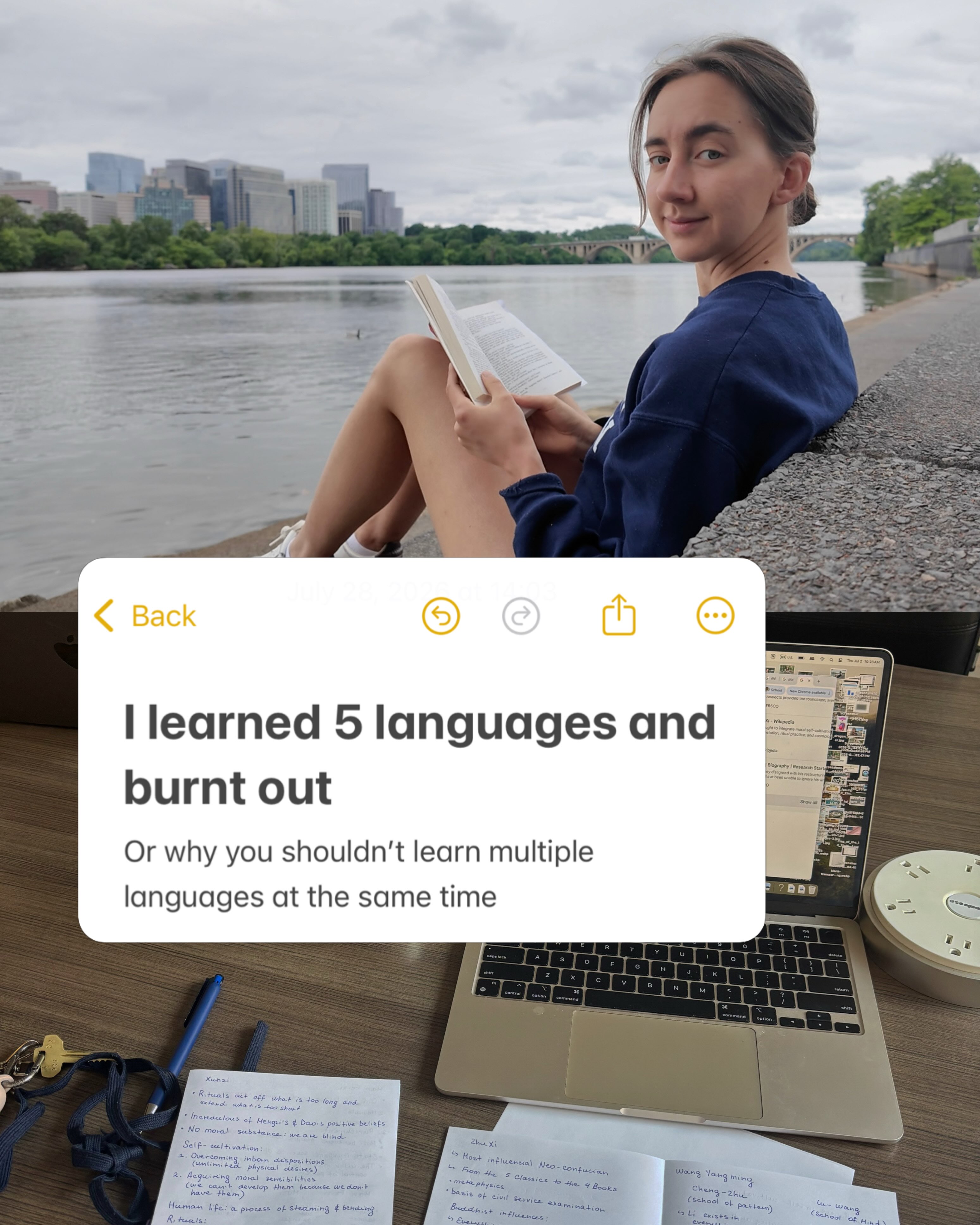 First slide of a carousel by @thelangspace: I learned 5 languages and burnt out Or why you shouldn't learn multiple languages at the same time