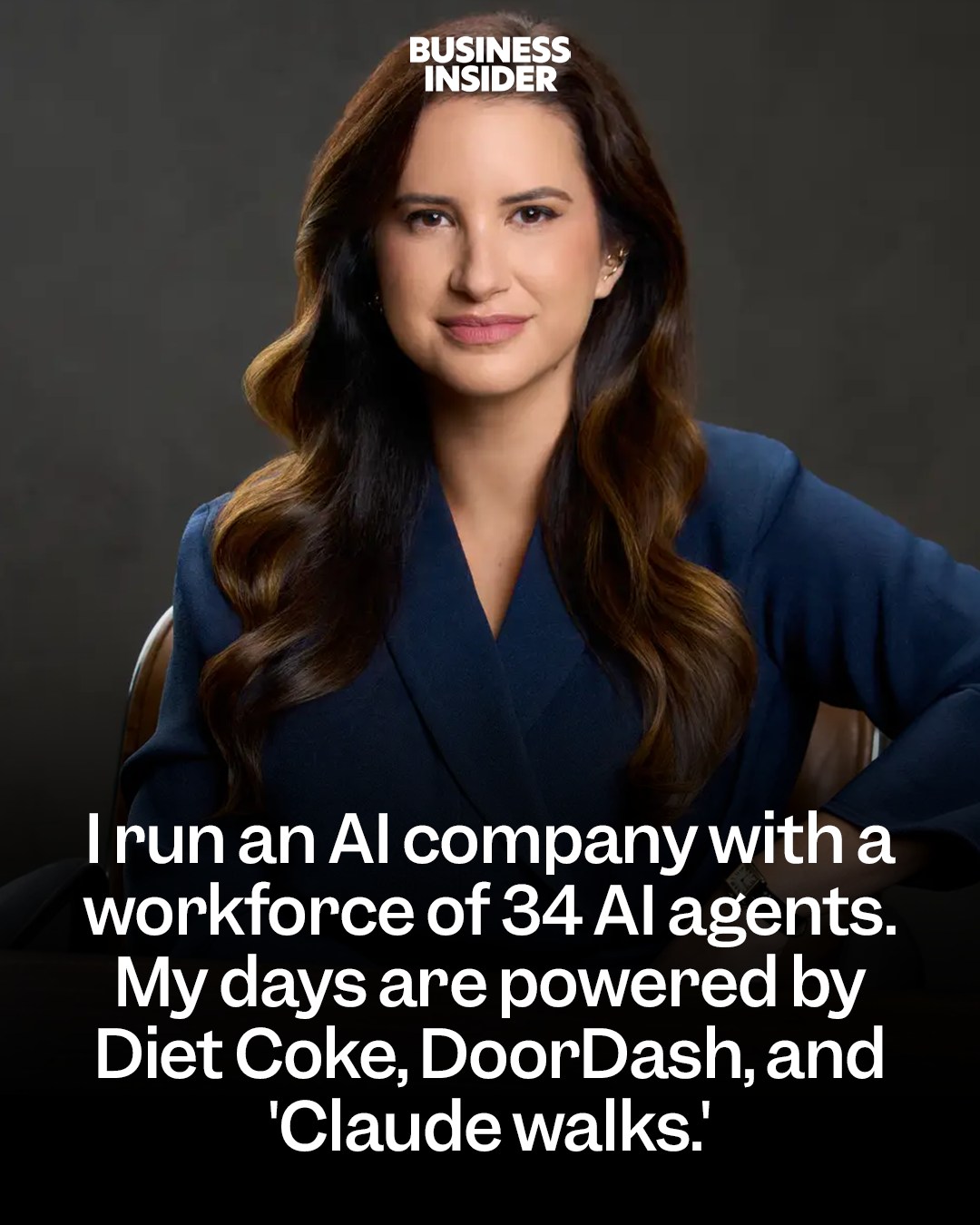 First slide of a carousel by @businessinsider: BUSINESS INSIDER I run an AI company with a workforce of 34 AI agents. My days are powered by Diet Coke, DoorDash, and 'Claude walks.'