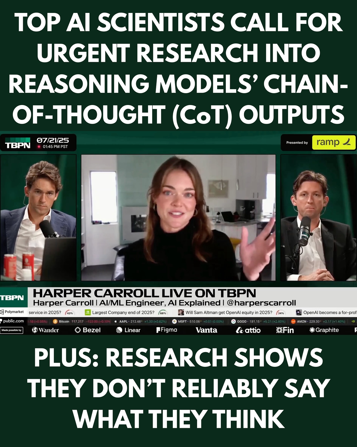 First slide of a carousel by @harpercarrollai: TOP AI SCIENTISTS CALL FOR URGENT RESEARCH INTO REASONING MODELS’ CHAIN-OF-THOUGHT (CoT) OUTPUTS