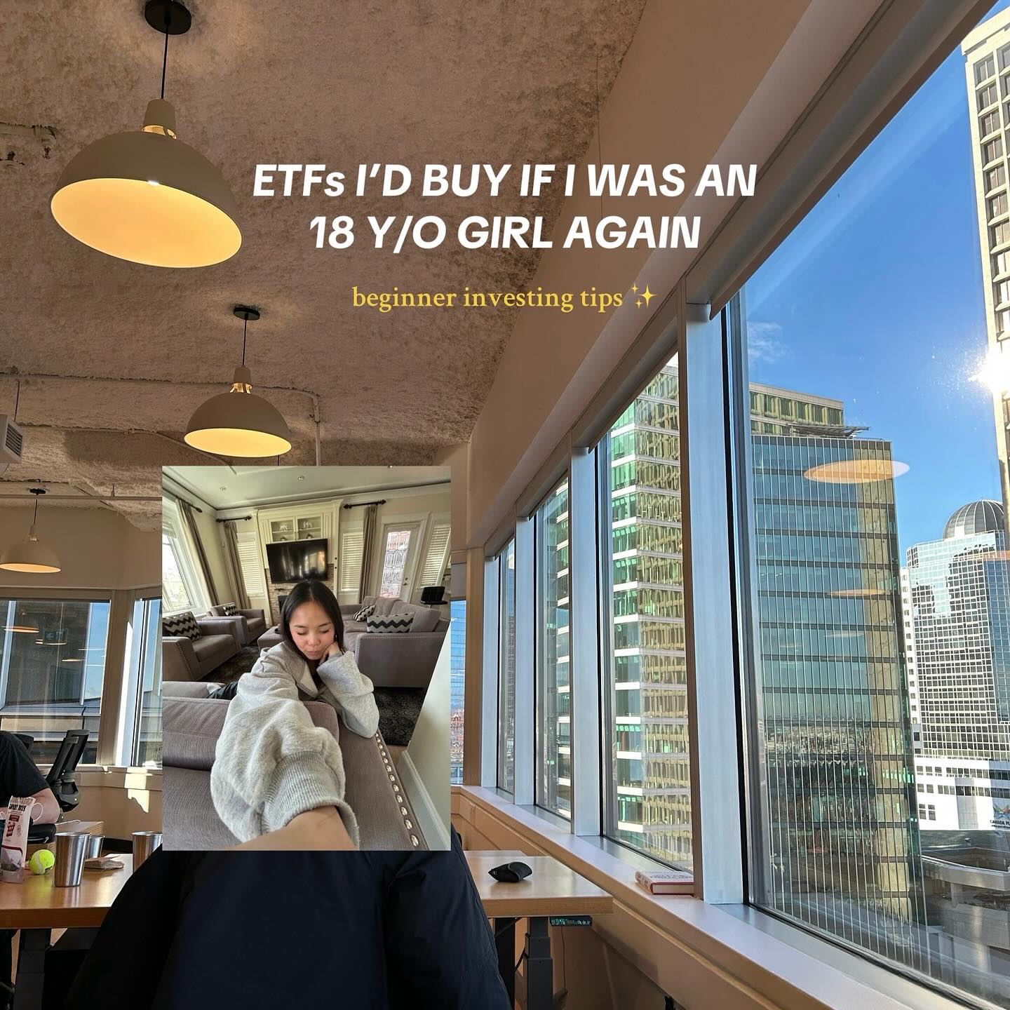 First slide of a carousel by @itseileenyang: ETFs I'D BUY IF I WAS AN 18 Y/O GIRL AGAIN beginner investing tips