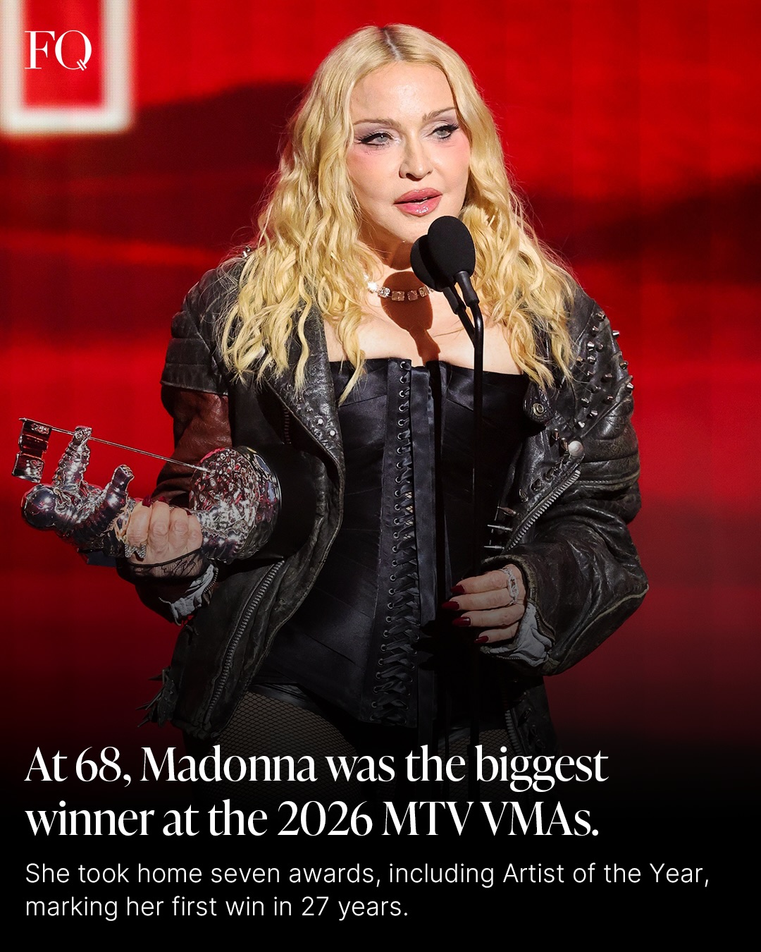 First slide of a carousel by @femalequotient: At 68, Madonna was the biggest winner at the 2026 MTV VMAs. She took home seven awards, including Artist of the Year, marking her first win in 27 years.