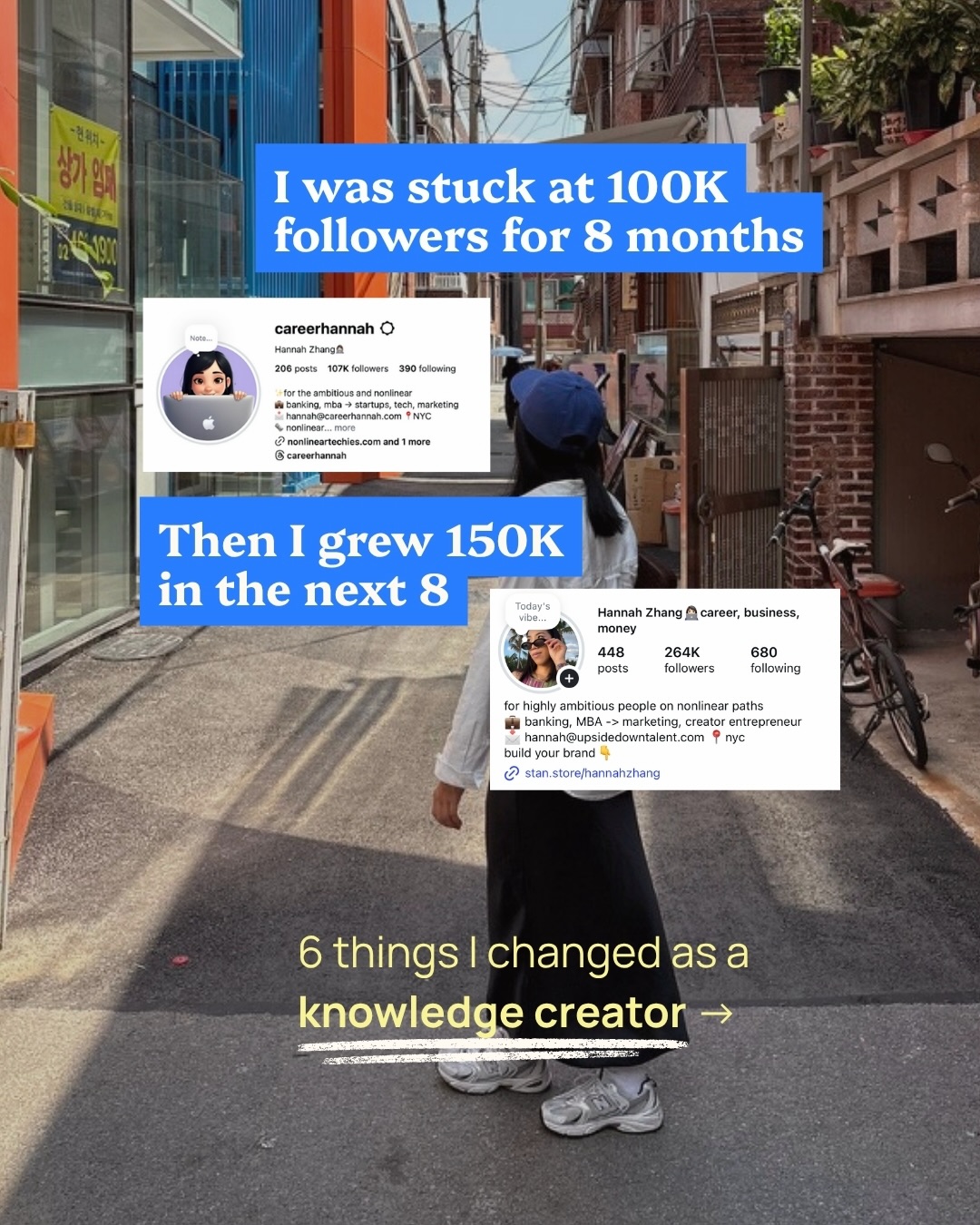 First slide of a carousel by @itshannahzhang: I was stuck at 100K followers for 8 months