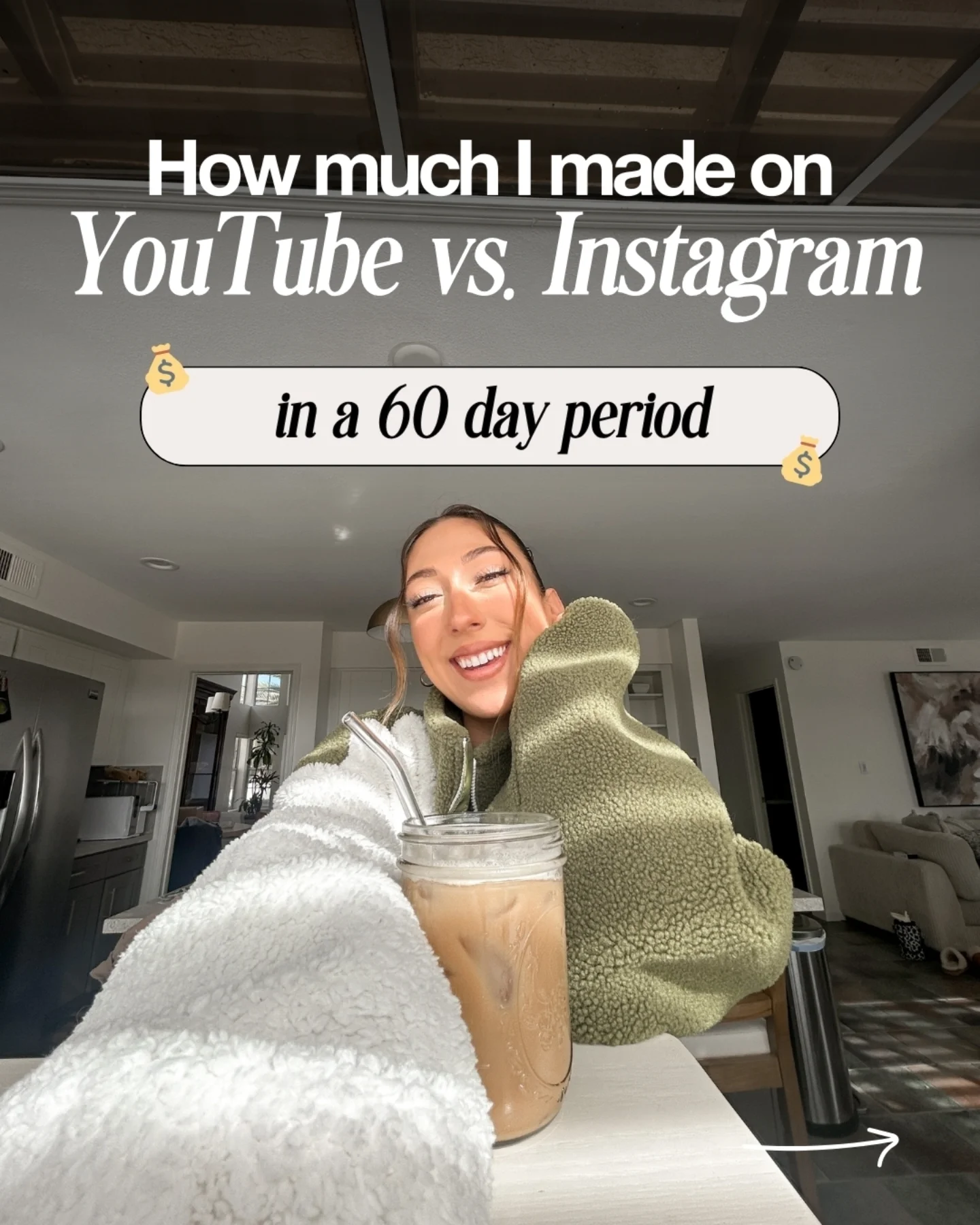 First slide of a carousel by @itsmodernmillie: How much I made on YouTube vs. Instagram in a 60 day period