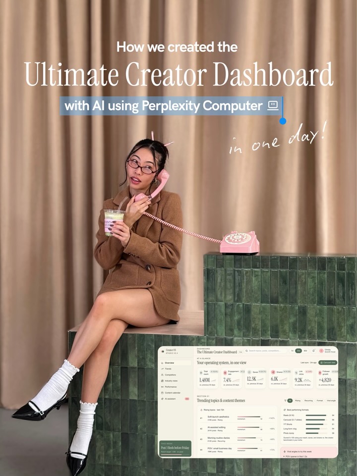 First slide of a carousel by @seventhhousemarketing: How we created the Ultimate Creator Dashboard with AI using Perplexity Computer in one day!