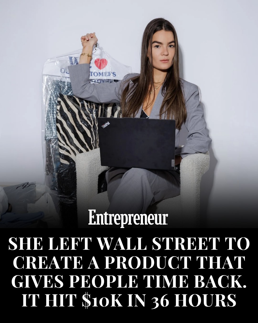 First slide of a carousel by @entrepreneur: Entrepreneur SHE LEFT WALL STREET TO CREATE A PRODUCT THAT GIVES PEOPLE TIME BACK. IT HIT $10K IN 36 HOURS