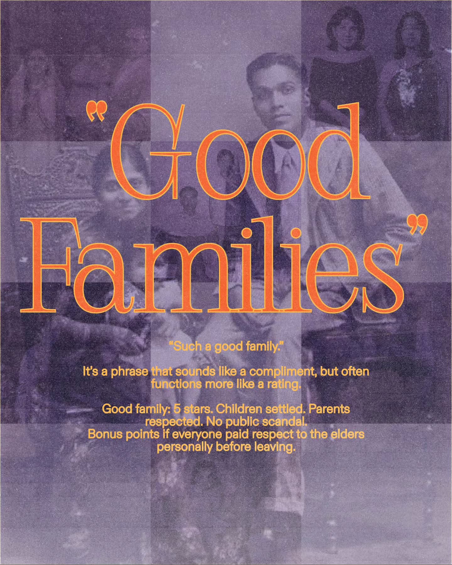 First slide of a carousel by @qissagoi.ae: “Good Families” “Such a good family.” It's a phrase that sounds like a compliment, but often functions more like a rating. Good family: 5 stars. Children…