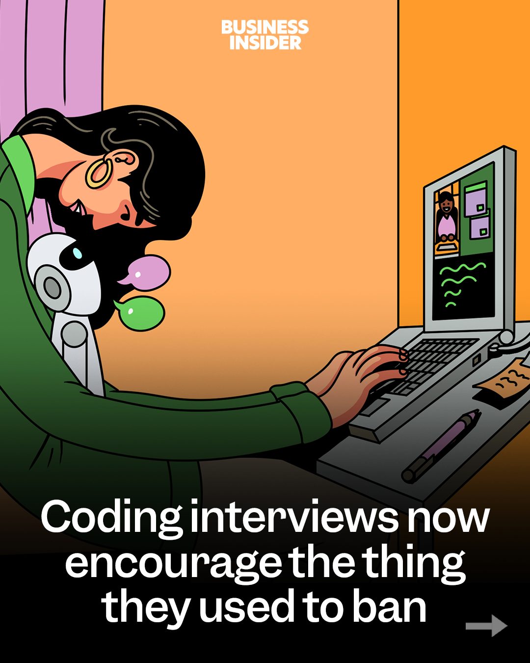 First slide of a carousel by @businessinsider: BUSINESS INSIDER Coding interviews now encourage the thing they used to ban