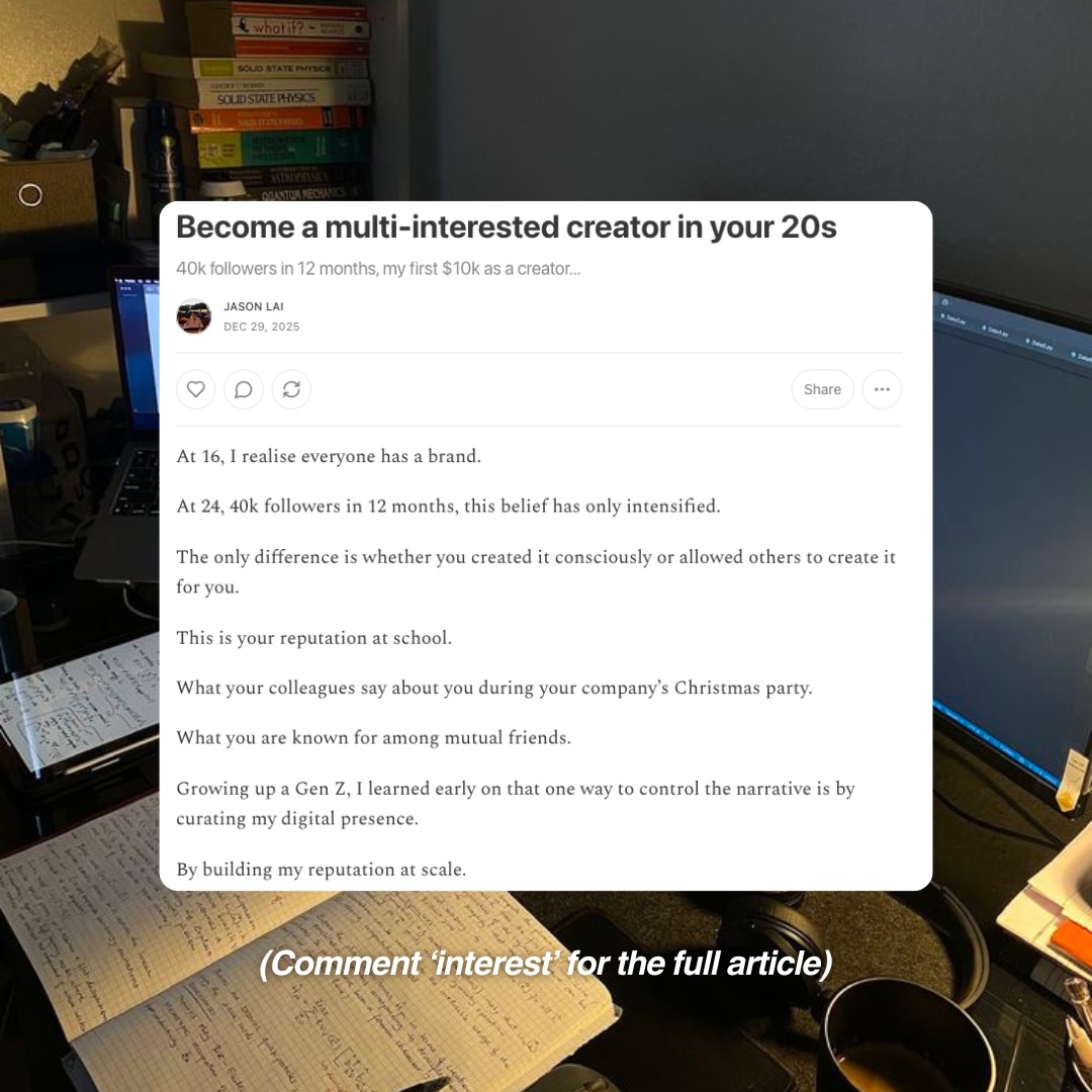First slide of a carousel by @jason.yslai: Become a multi-interested creator in your 20s. 40k followers in 12 months, my first $10k as a creator...