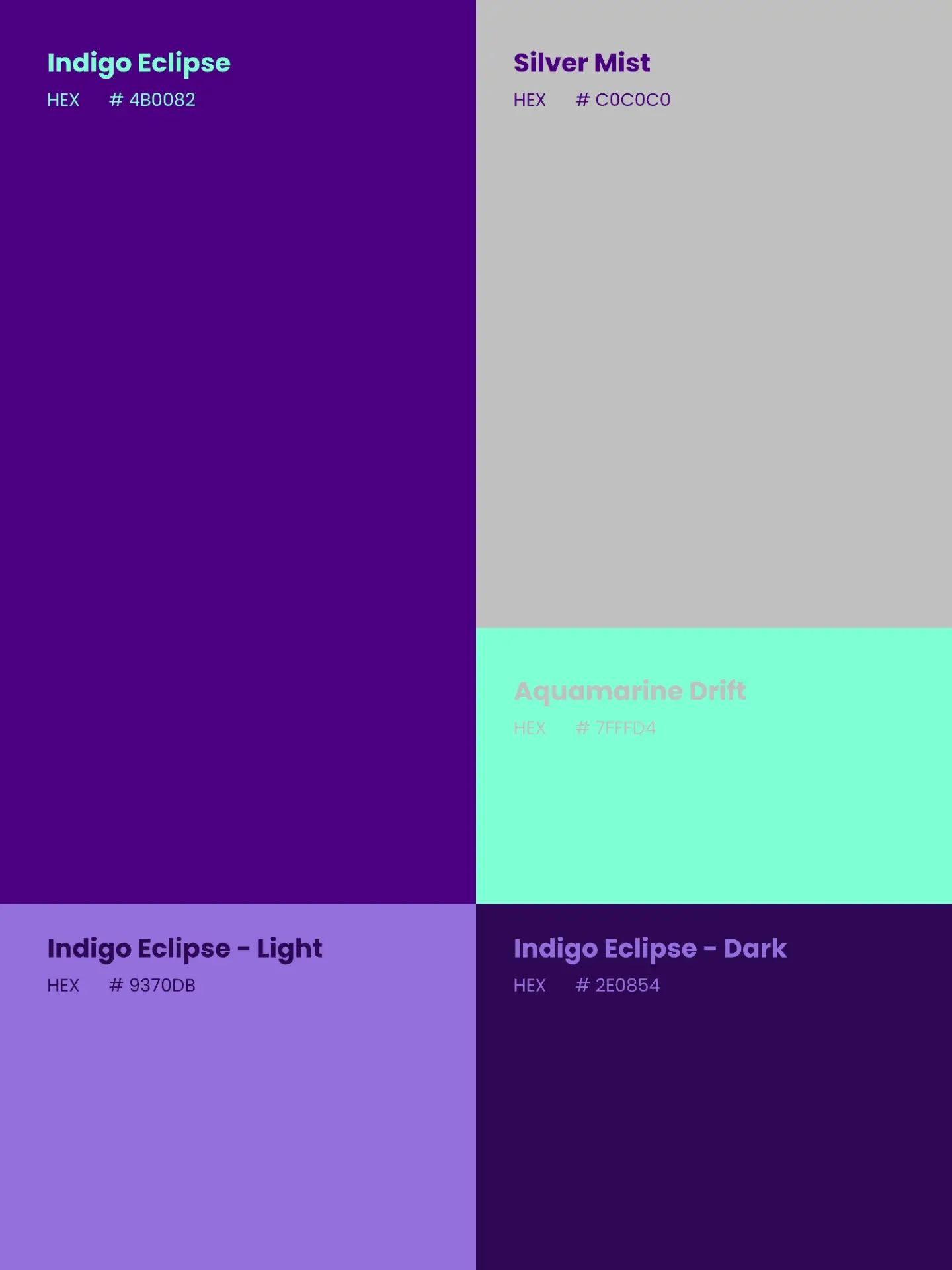 First slide of a carousel by @346eur: Indigo Eclipse HEX # 4B0082 Silver Mist HEX # C0C0C0 Aquamarine Drift HEX # 7FFFD4 Indigo Eclipse - Light HEX # 9370DB Indigo Eclipse - Dark HEX # 2E0854
