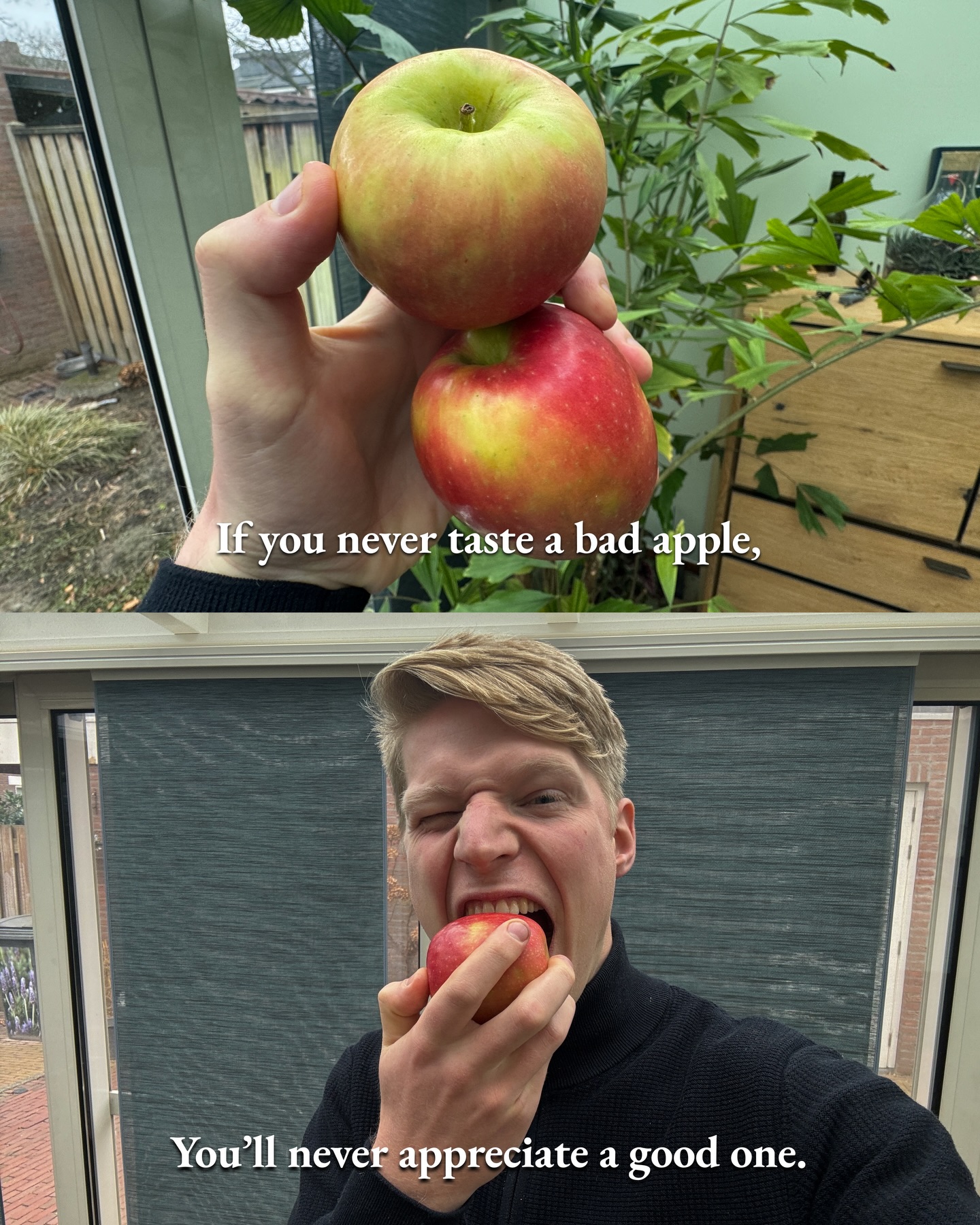 First slide of a carousel by @wethinkdeeply: If you never taste a bad apple, You'll never appreciate a good one.