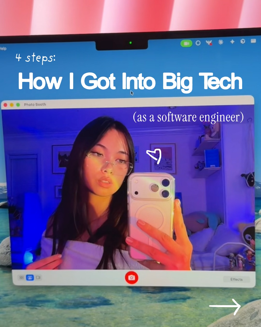First slide of a carousel by @sarahli.mp3: 4 steps: How I Got Into Big Tech (as a software engineer)