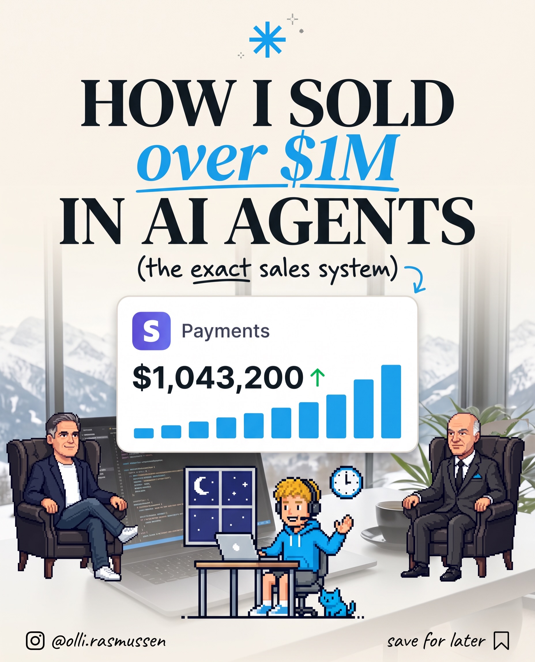 First slide of a carousel by @olli.rasmussen: HOW I SOLD over $1M IN AI AGENTS (the exact sales system)