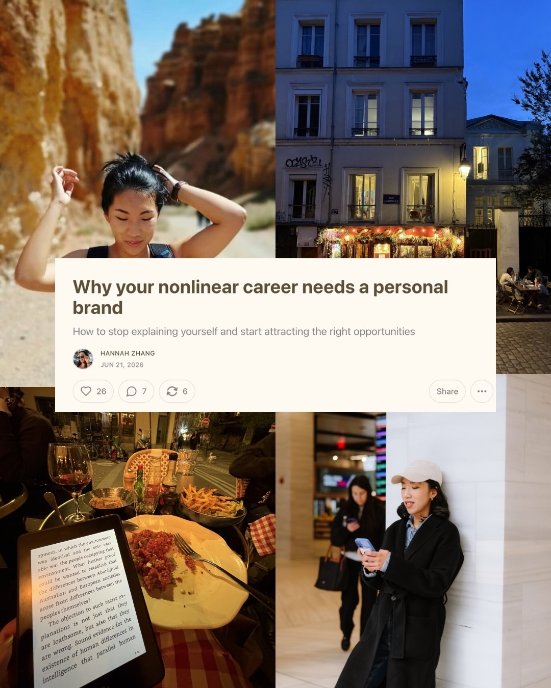 First slide of a carousel by @itshannahzhang: Why your nonlinear career needs a personal brand
