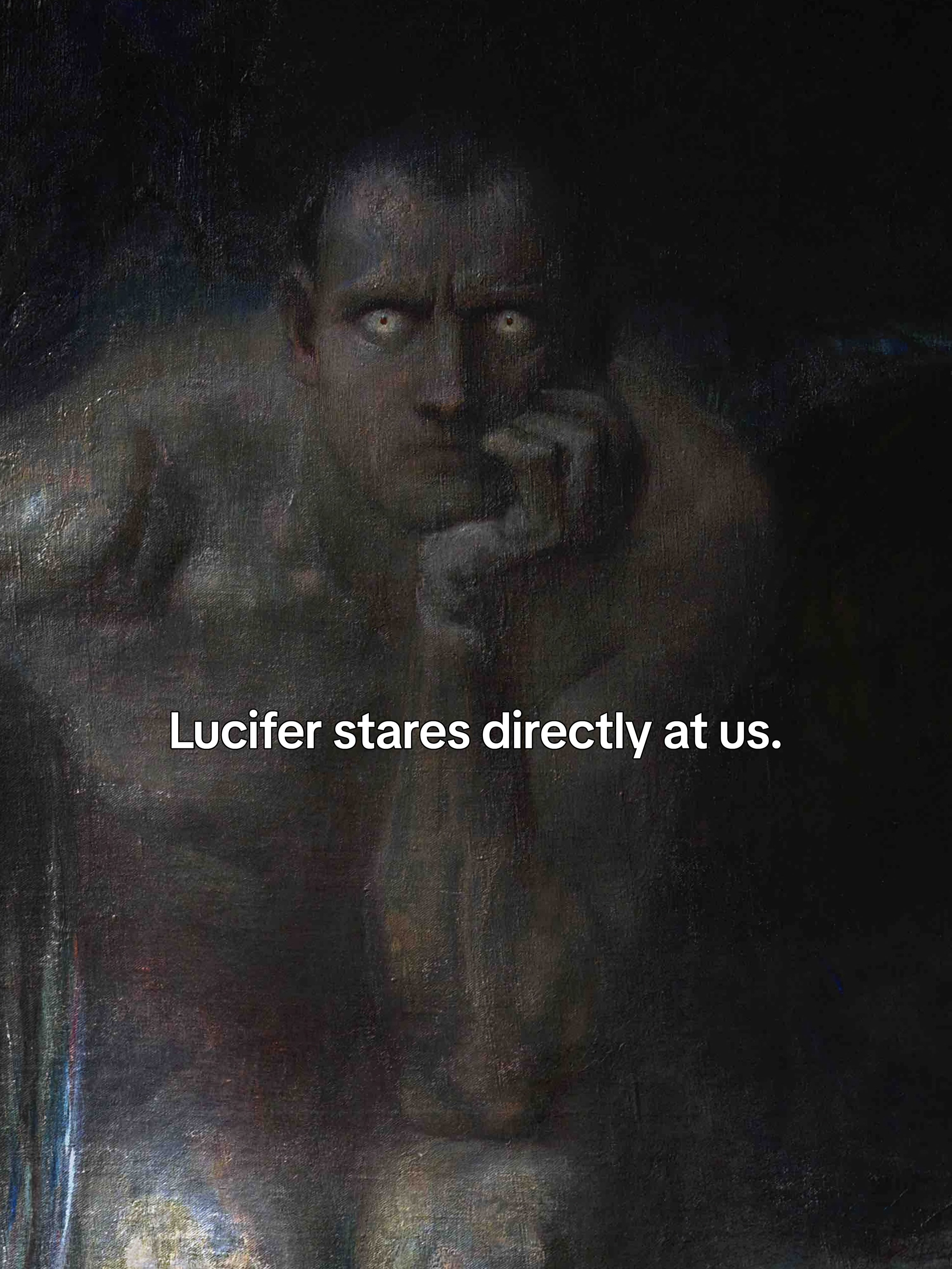First slide of a carousel by @paintingsanalyzed: Lucifer stares directly at us.