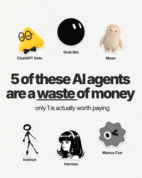 First slide of Artem’s remix: 5 of these AI agents are a waste of money, with AI agent mascots arranged around a big centred hook