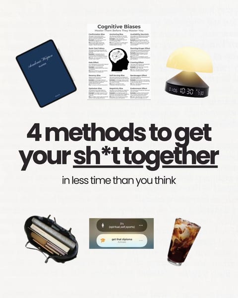 First slide of a carousel by @themiagabriella: 4 methods to get your sh*t together, with objects arranged around a big centred hook