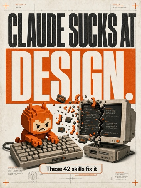 First slide: Claude sucks at design. These 42 skills fix it